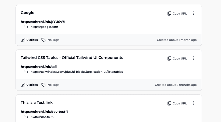 Link Shortening dashboard showing list of links