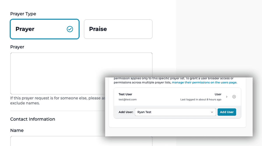 Prayer request form for submitting prayer requests