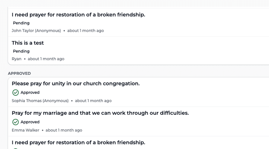 Prayer list dashboard showing prayer requests