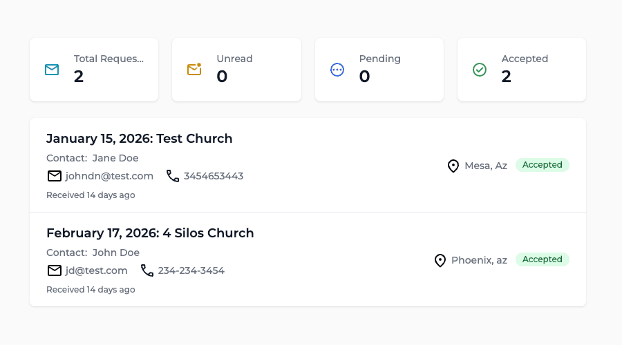Dashboard management view showing booking requests