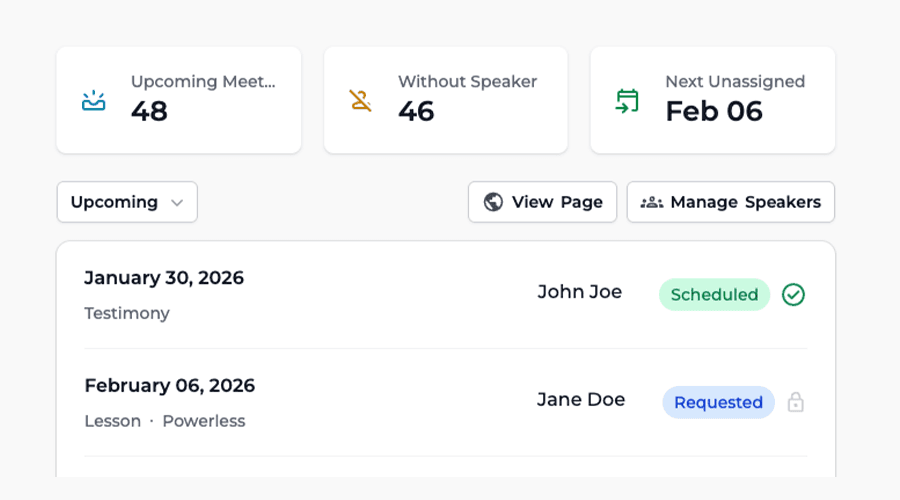 Speaker schedule dashboard showing list of scheduled speakers