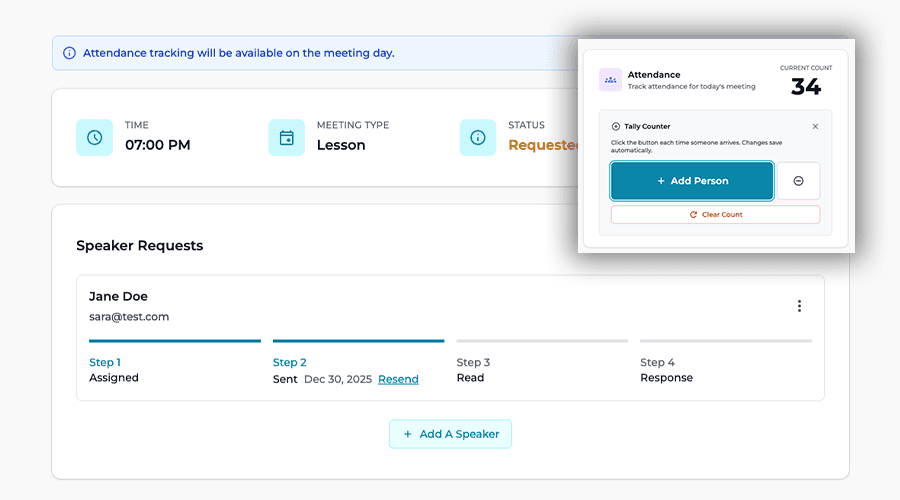 Speaker meeting invitation page for sign-ups
